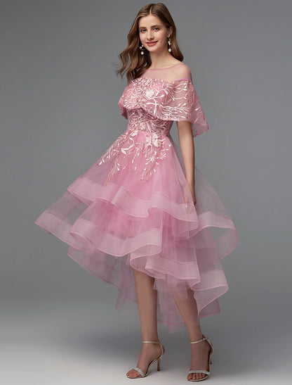 Elegant Black A-Line Illusion Neck Asymmetrical Lace Midi Dress.