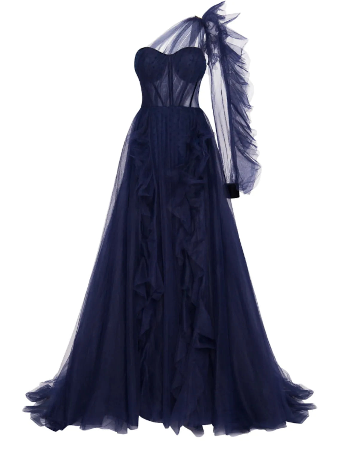 Elegant Black A-Line One Shoulder Long Sleeve Ruffle Tulle Evening Gown.