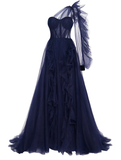 Elegant Black A-Line One Shoulder Long Sleeve Ruffle Tulle Evening Gown.