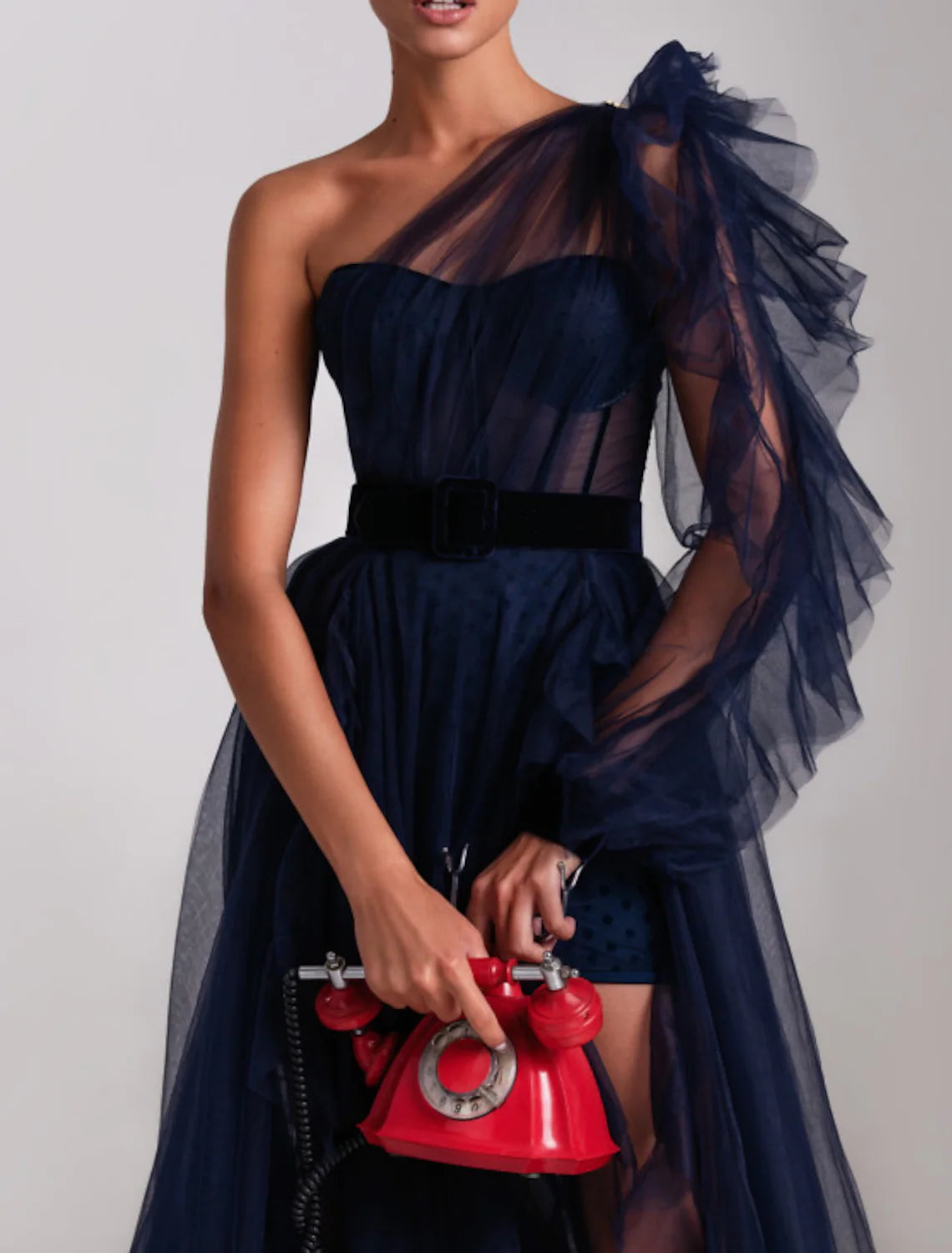Elegant Black A-Line One Shoulder Long Sleeve Ruffle Tulle Evening Gown.
