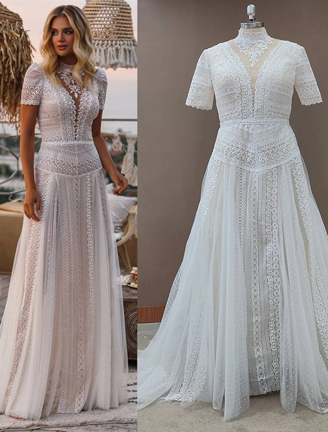 Elegant A-line boho wedding gown with high neck and short sleeves.