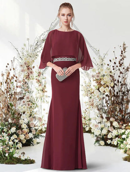 Elegant Chiffon Sheath Jewel Neck Half Sleeve Formal Evening Dress.