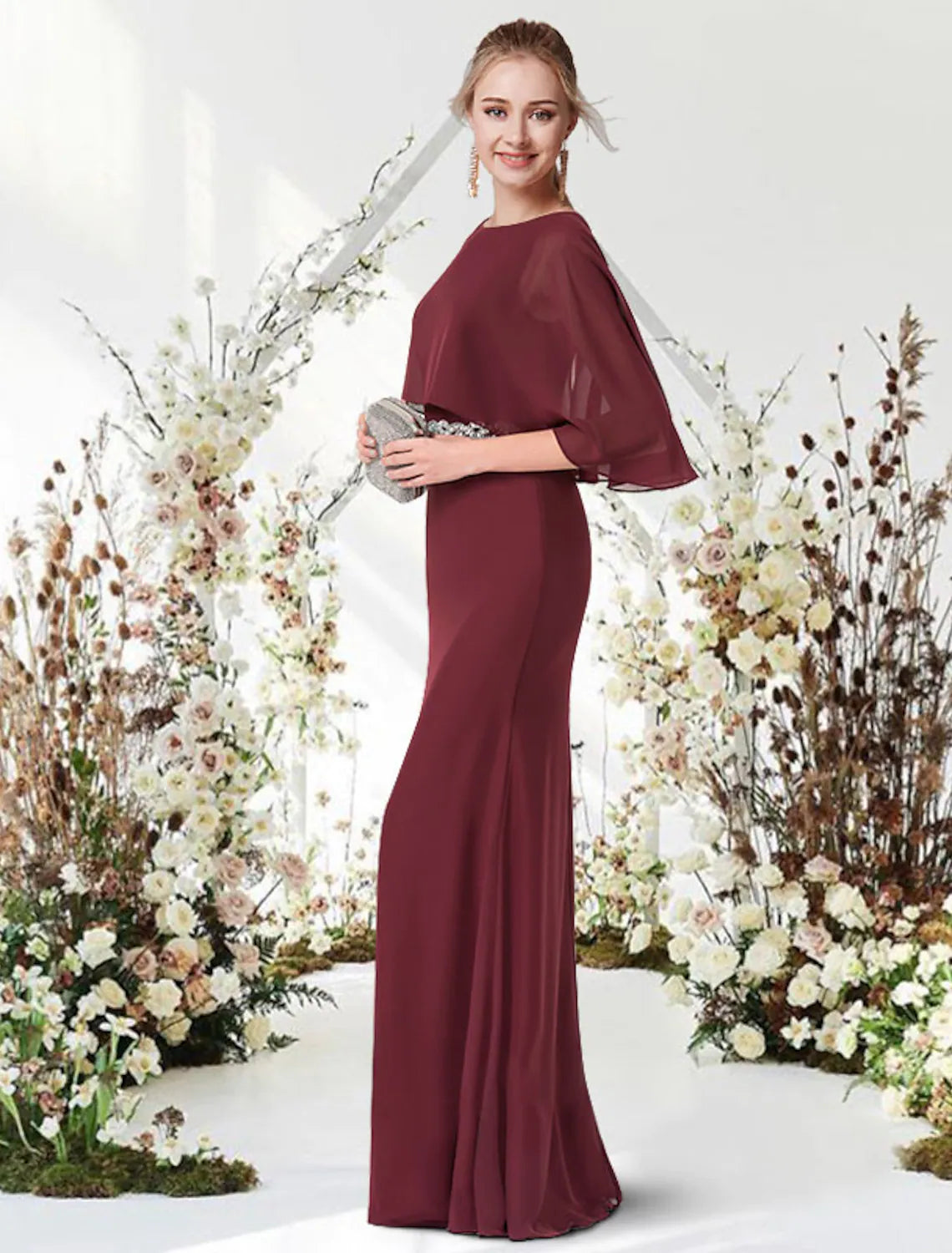 Elegant Chiffon Sheath Jewel Neck Half Sleeve Formal Evening Dress.