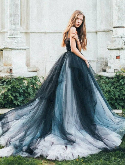 Elegant Color Block Tulle V-Neck Ball Gown Evening Dress.