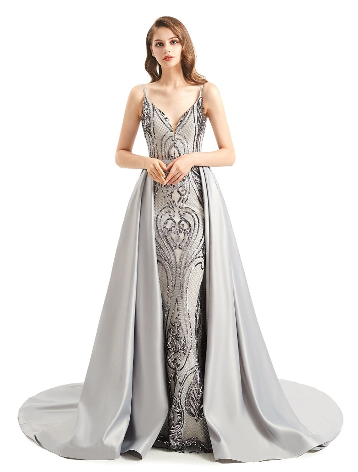 Back view of the elegant detachable sequin mermaid trumpet evening gown.