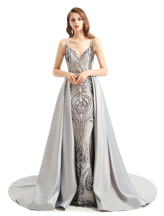 Back view of the elegant detachable sequin mermaid trumpet evening gown.
