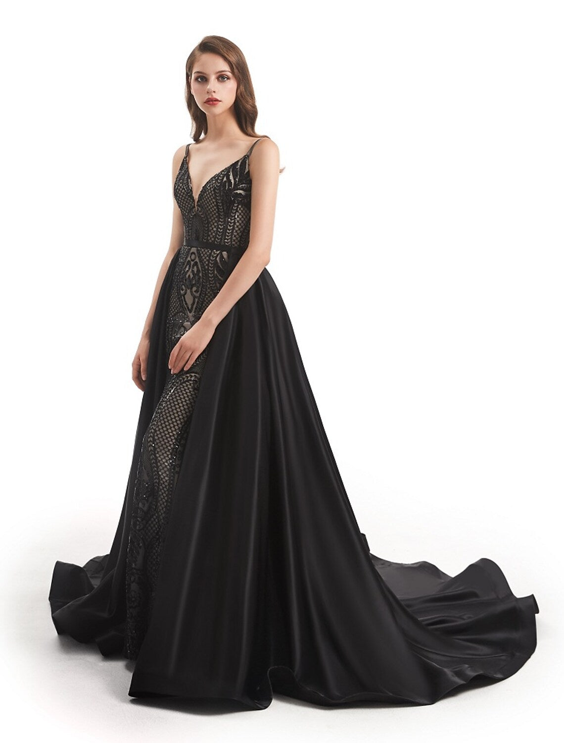 Close-up of sequin detail and V-neck on the evening gown.