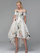Elegant embroidered ball gown with off-shoulder short sleeves, front view.