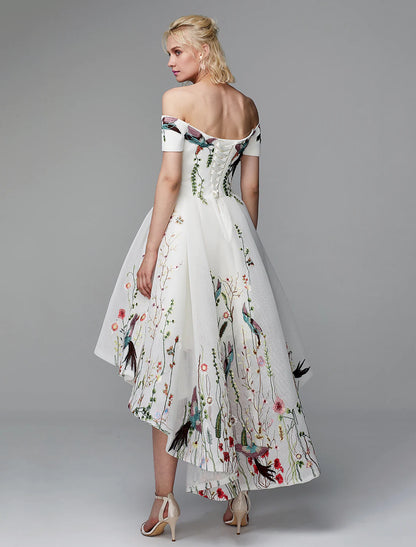 Back view of the elegant off-shoulder short sleeve maxi dress.