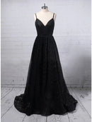 Elegant Glittering A-Line V-Neck Sequined Slit Floor Length Prom Gown.