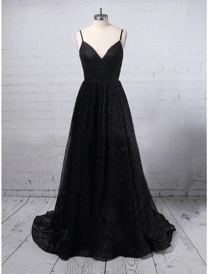 Elegant Glittering A-Line V-Neck Sequined Slit Floor Length Prom Gown.