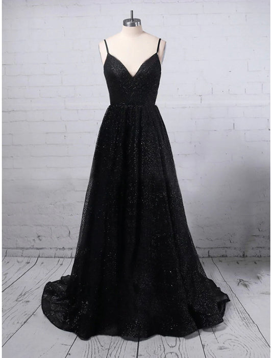 Elegant Glittering A-Line V-Neck Sequined Slit Floor Length Prom Gown.