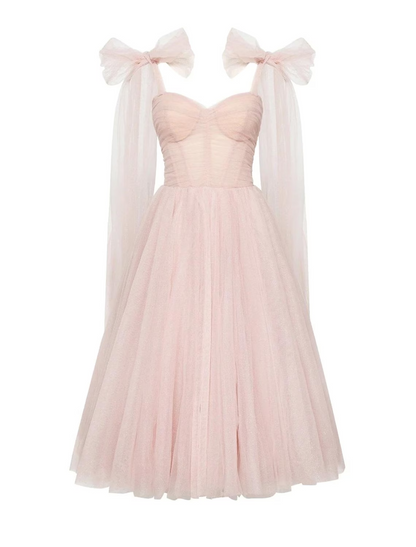 Elegant Glittering Ball Gown Square Neck Corset Tulle Tea Length Homecoming Cocktail Dress.