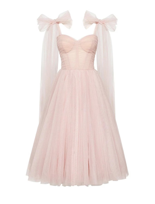 Elegant Glittering Ball Gown Square Neck Corset Tulle Tea Length Homecoming Cocktail Dress.