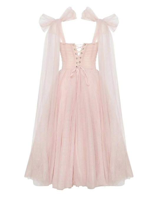 Elegant Glittering Ball Gown Square Neck Corset Tulle Tea Length Homecoming Cocktail Dress.