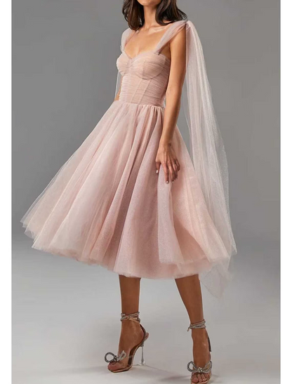 Elegant Glittering Ball Gown Square Neck Corset Tulle Tea Length Homecoming Cocktail Dress.