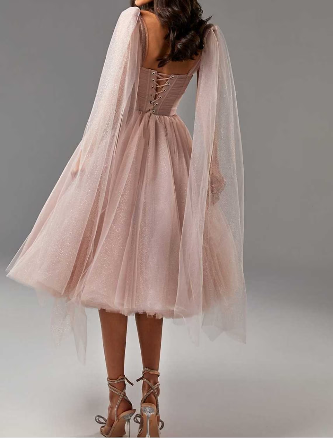 Elegant Glittering Ball Gown Square Neck Corset Tulle Tea Length Homecoming Cocktail Dress.