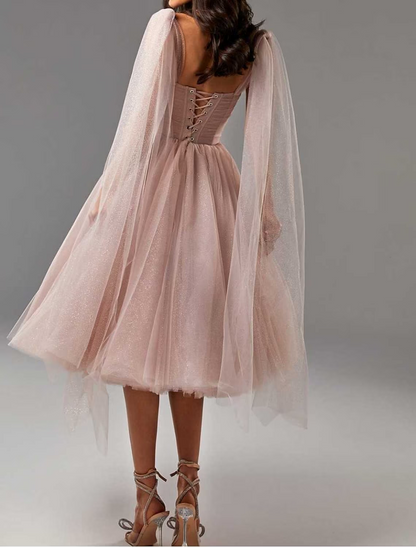 Elegant Glittering Ball Gown Square Neck Corset Tulle Tea Length Homecoming Cocktail Dress.