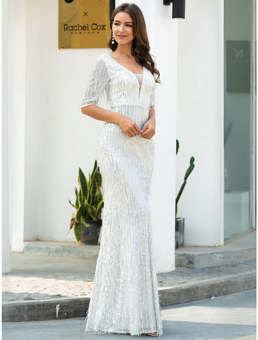 Elegant glittering V-neck half sleeve sheath column evening gown.