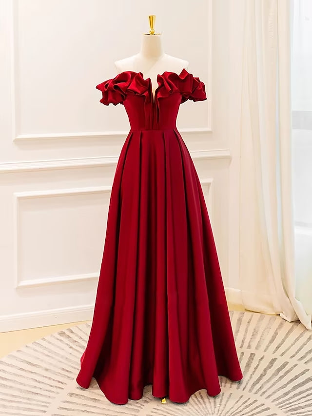 Elegant Jersey A-Line V-Neck Pleated Strappy Floor-Length Evening Gown.
