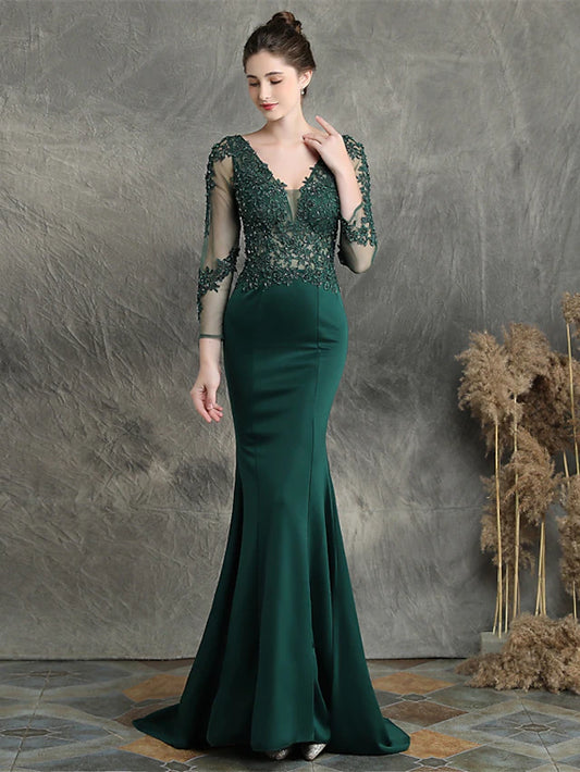 Elegant mermaid long sleeve V-neck beaded formal prom dress with a sweep train.