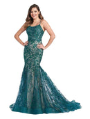 Elegant Mermaid Trumpet Color Block Evening Gown with Spaghetti Straps and Lace Appliques.