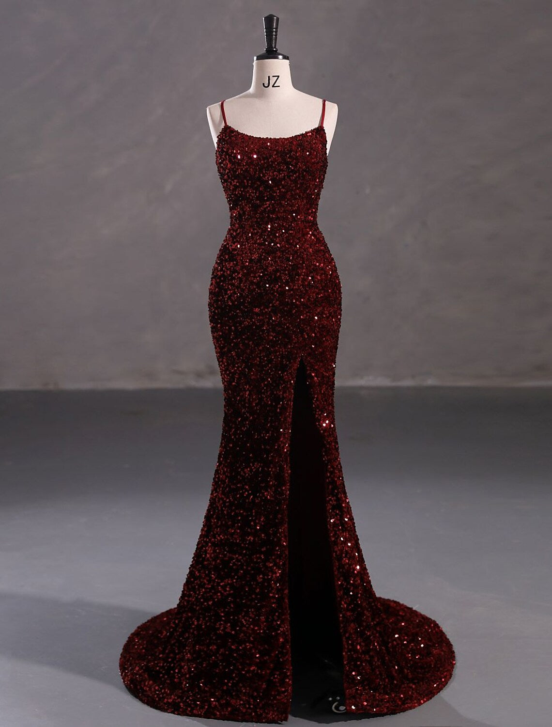 Elegant Mermaid Trumpet Gown, Spaghetti Strap, Lace Crisscross Back, Sequin Slit.