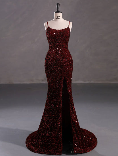 Elegant Mermaid Trumpet Gown, Spaghetti Strap, Lace Crisscross Back, Sequin Slit.
