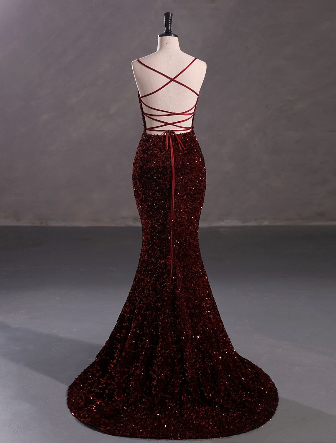 Elegant Mermaid Trumpet Gown, Spaghetti Strap, Lace Crisscross Back, Sequin Slit.