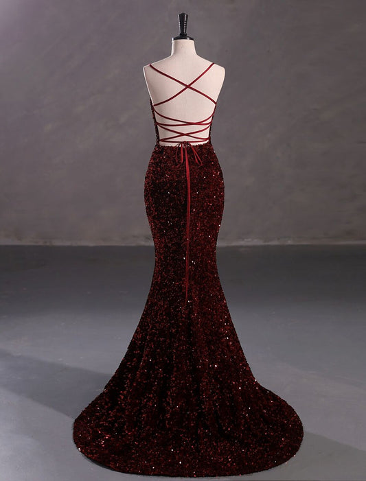Elegant Mermaid Trumpet Gown, Spaghetti Strap, Lace Crisscross Back, Sequin Slit.