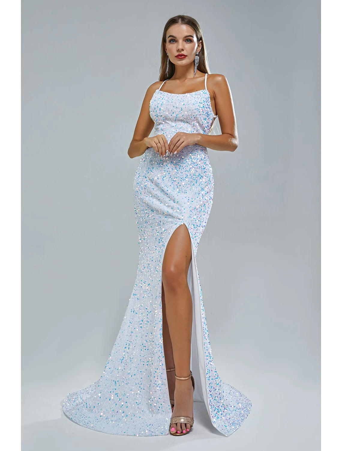 Elegant Mermaid Trumpet Gown, Spaghetti Strap, Lace Crisscross Back, Sequin Slit.