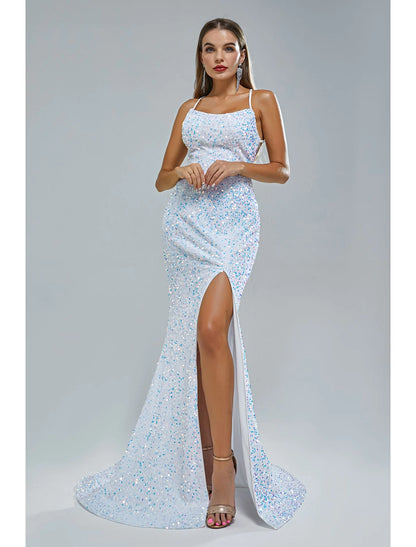 Elegant Mermaid Trumpet Gown, Spaghetti Strap, Lace Crisscross Back, Sequin Slit.