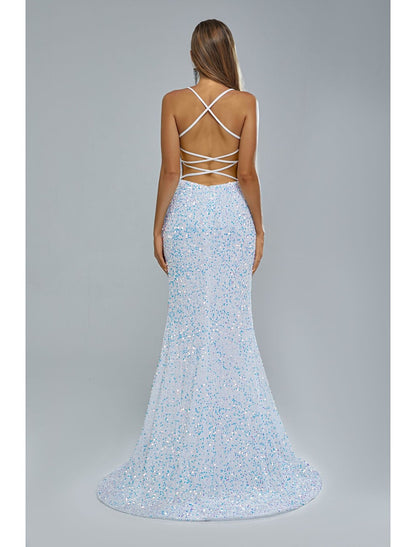Elegant Mermaid Trumpet Gown, Spaghetti Strap, Lace Crisscross Back, Sequin Slit.