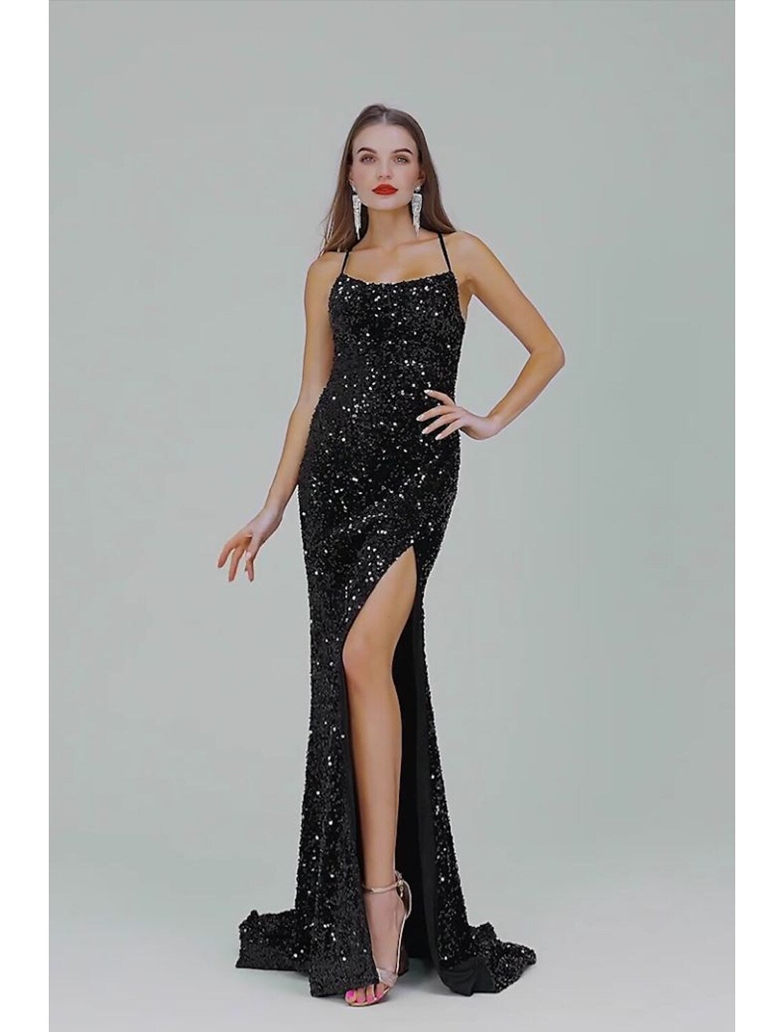 Elegant Mermaid Trumpet Gown, Spaghetti Strap, Lace Crisscross Back, Sequin Slit.
