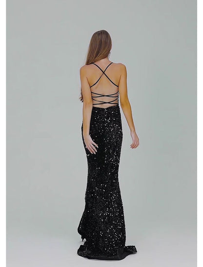 Elegant Mermaid Trumpet Gown, Spaghetti Strap, Lace Crisscross Back, Sequin Slit.