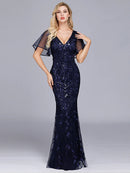 Elegant Mermaid Trumpet Jewel Neck Short Sleeve Ruffled Evening Gown.