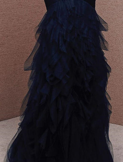 Elegant Mermaid Trumpet Strapless Ruched Tulle Navy Floor-Length Evening Gown.