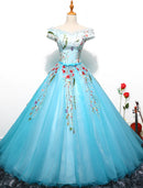 Elegant off-shoulder short sleeve tulle embroidered ball gown for prom or quinceanera.