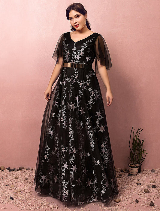 Plus size A-line V-neck half sleeve lace sequin prom dress.