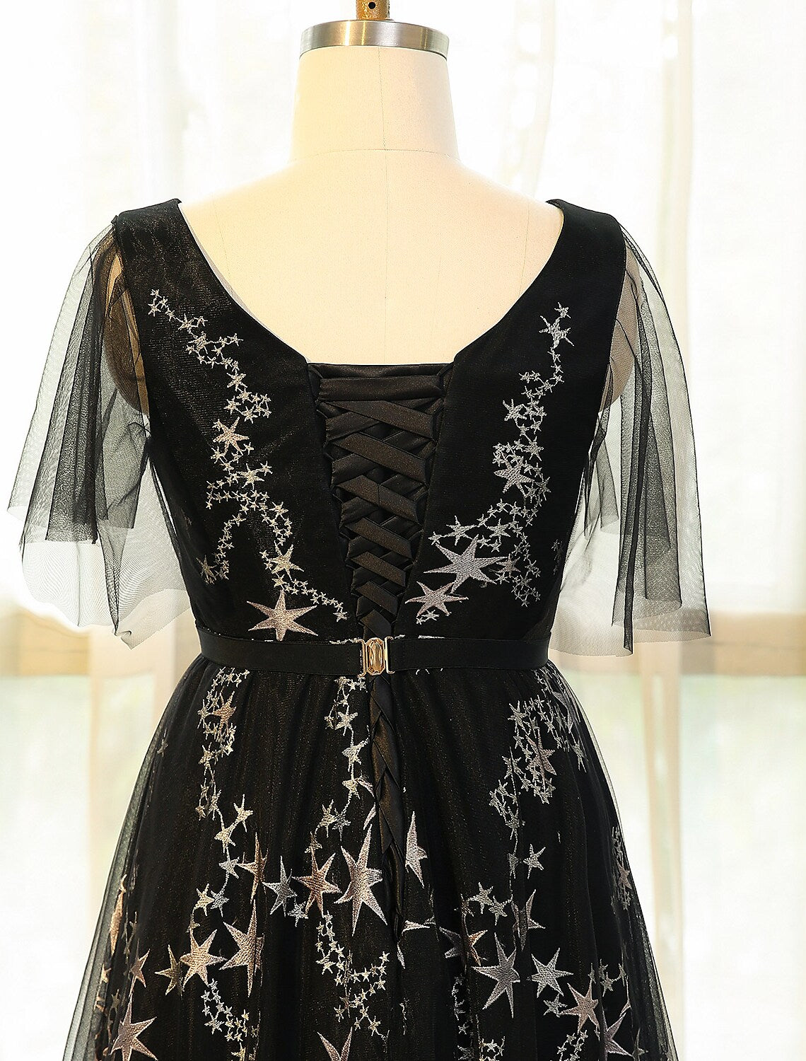 Plus size A-line V-neck half sleeve lace sequin formal dress.