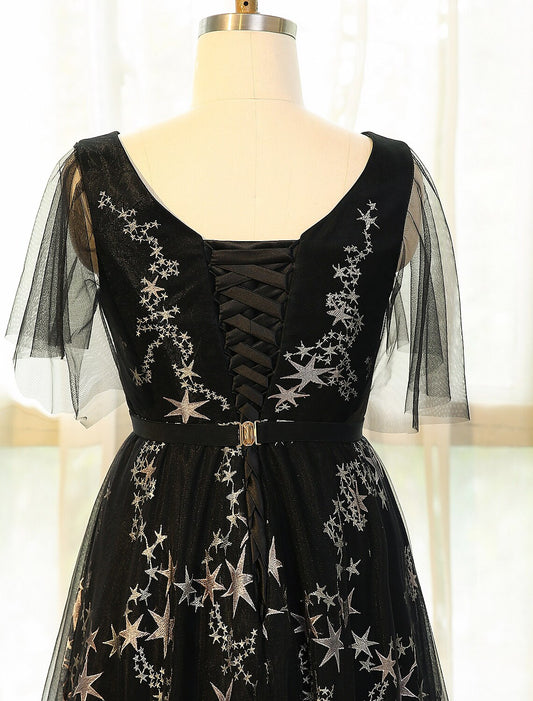 Plus size A-line V-neck half sleeve lace sequin formal dress.