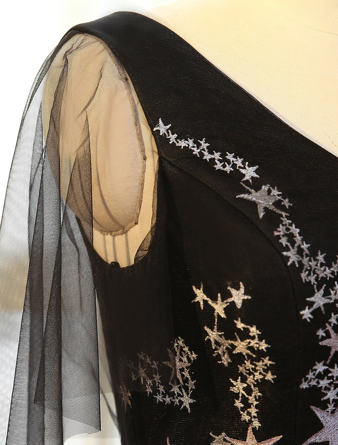 Detail of lace and sequin on a plus size A-line evening dress.