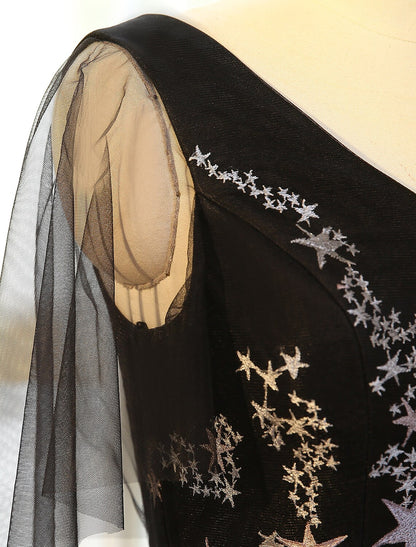 Detail of lace and sequin on a plus size A-line evening dress.