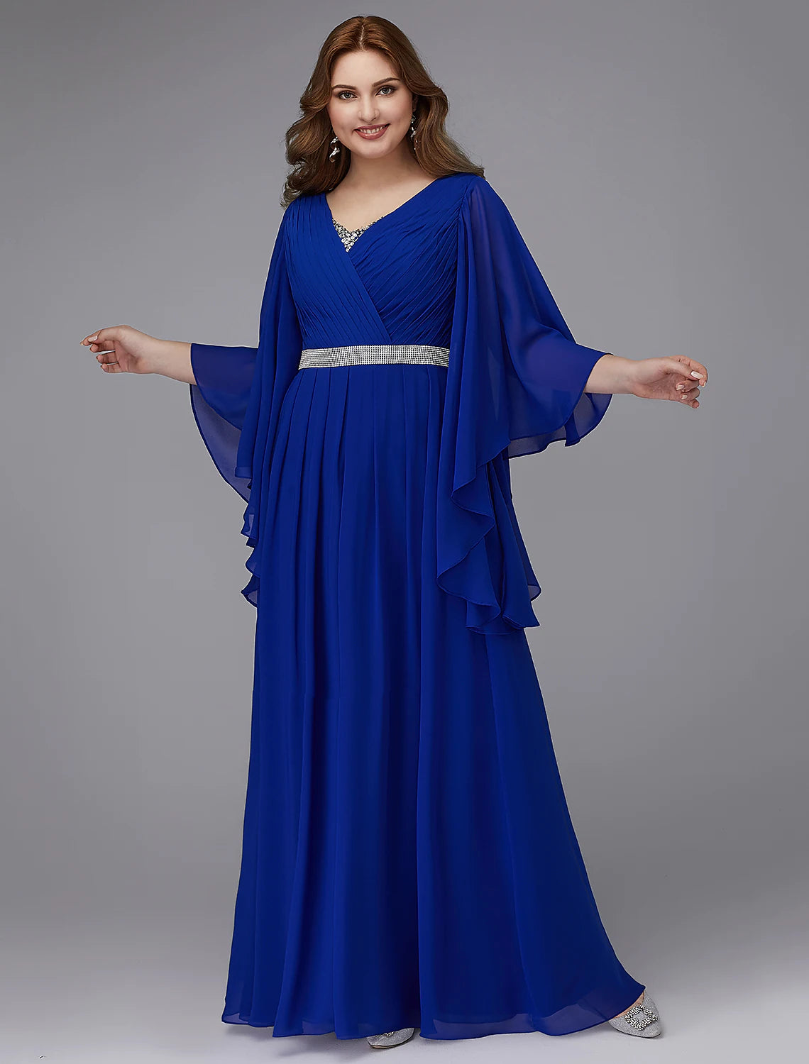 Elegant Plus Size A-Line V-Neck Long Sleeve Sequin Chiffon Gown.