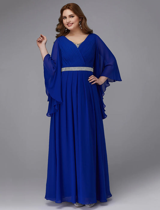 Elegant Plus Size A-Line V-Neck Long Sleeve Sequin Chiffon Gown.