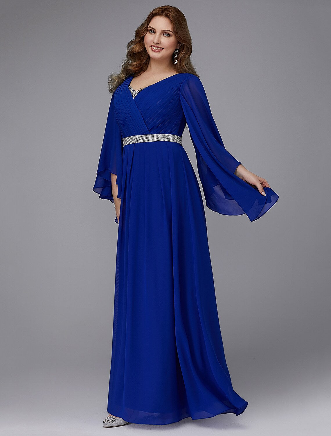 Elegant Plus Size A-Line V-Neck Long Sleeve Sequin Chiffon Gown.