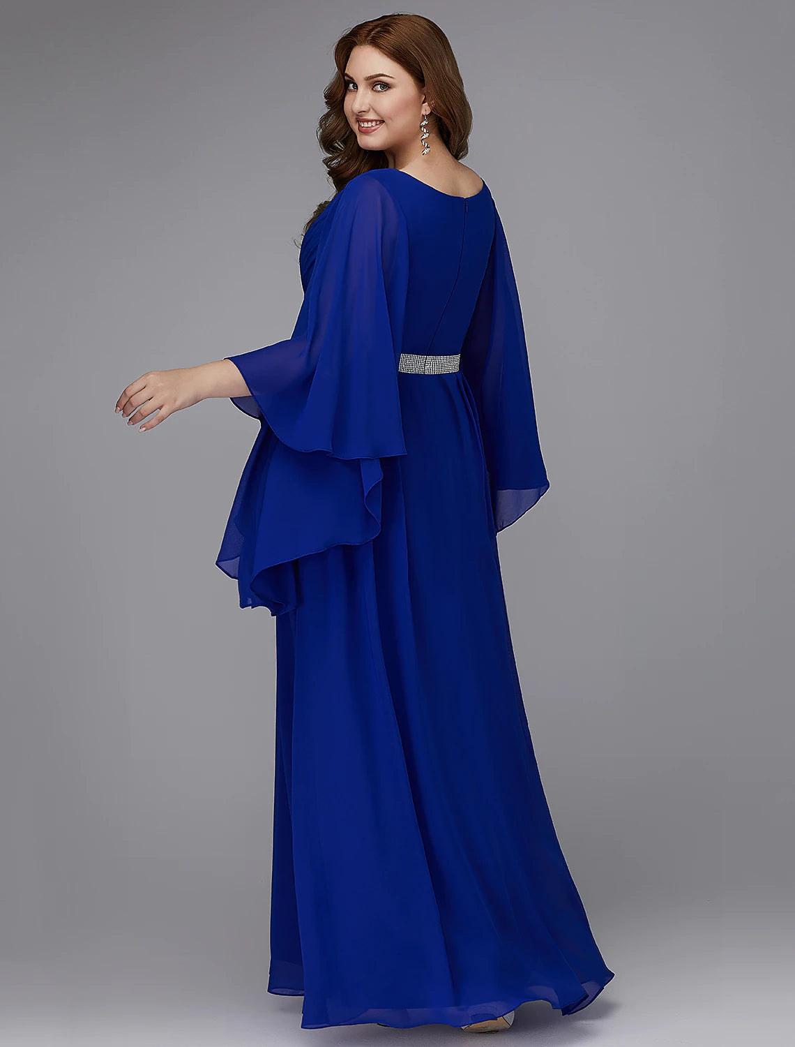 Elegant Plus Size A-Line V-Neck Long Sleeve Sequin Chiffon Gown.