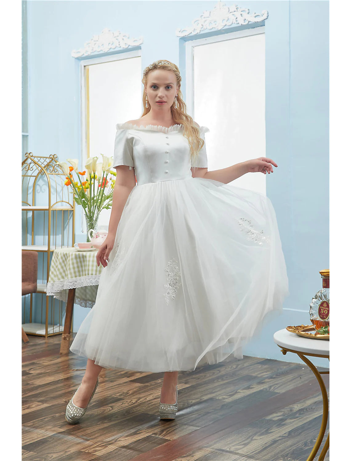 Elegant Plus Size Off Shoulder Tulle Tea Length Quinceanera Cocktail Dress.