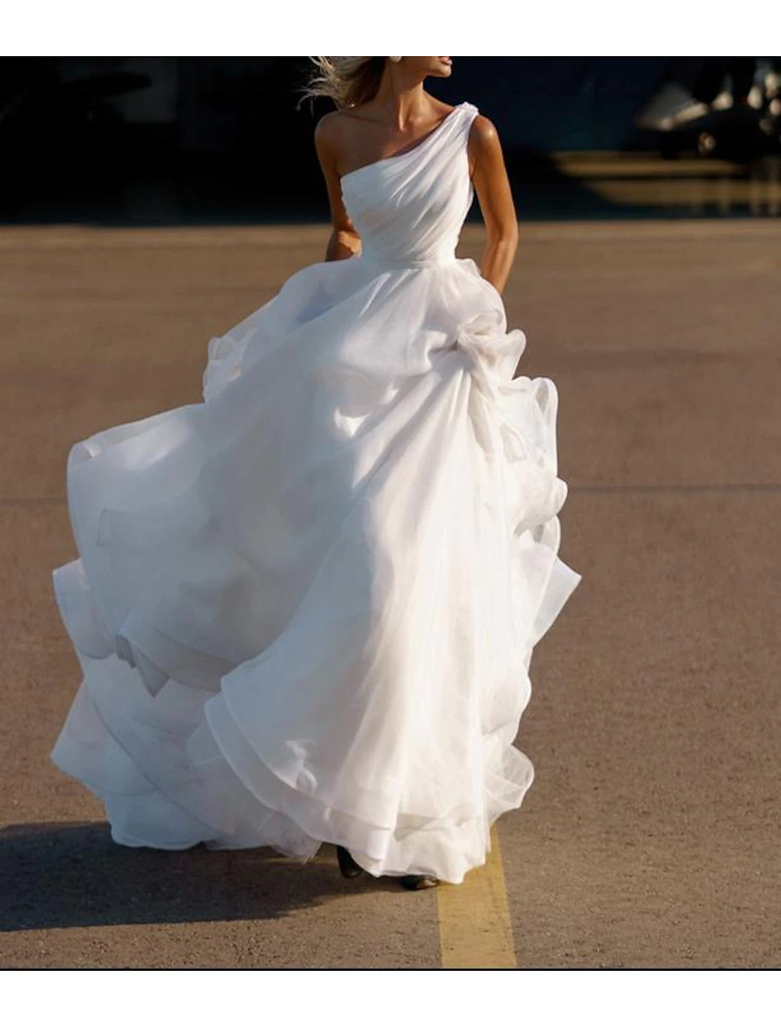 Elegant Princess One Shoulder Ruffles Organza Chapel Train Wedding Dress.