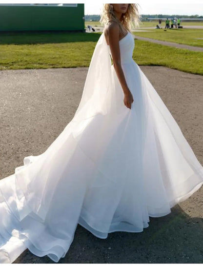 Elegant Princess One Shoulder Ruffles Organza Chapel Train Wedding Dress.